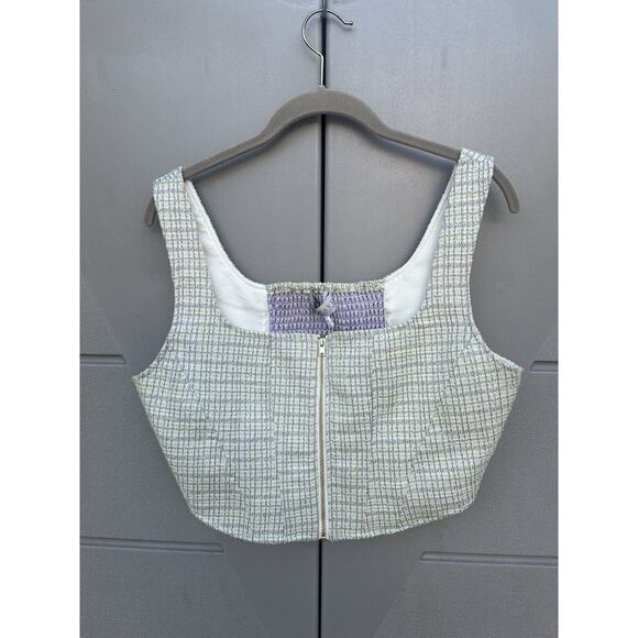 WAYF Tweed Green Gold Metallic Zipper Cropped Bustier Corset Top Smocked Back M - Picture 1 of 10